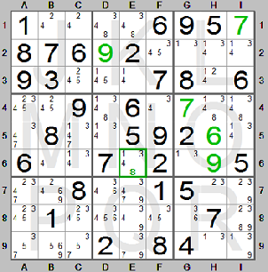 Single candidate in Sudoku puzzle with kandidate table made by the Sudoku Instructions program